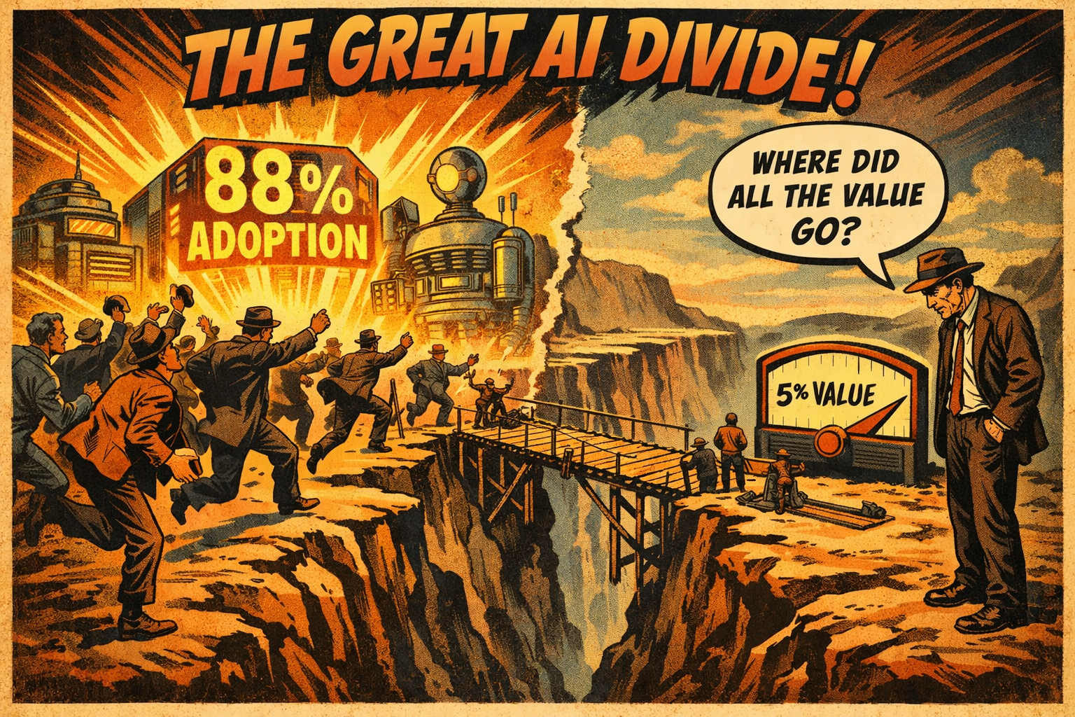 Abstract visualization showing the gap between AI adoption rates and realized business value