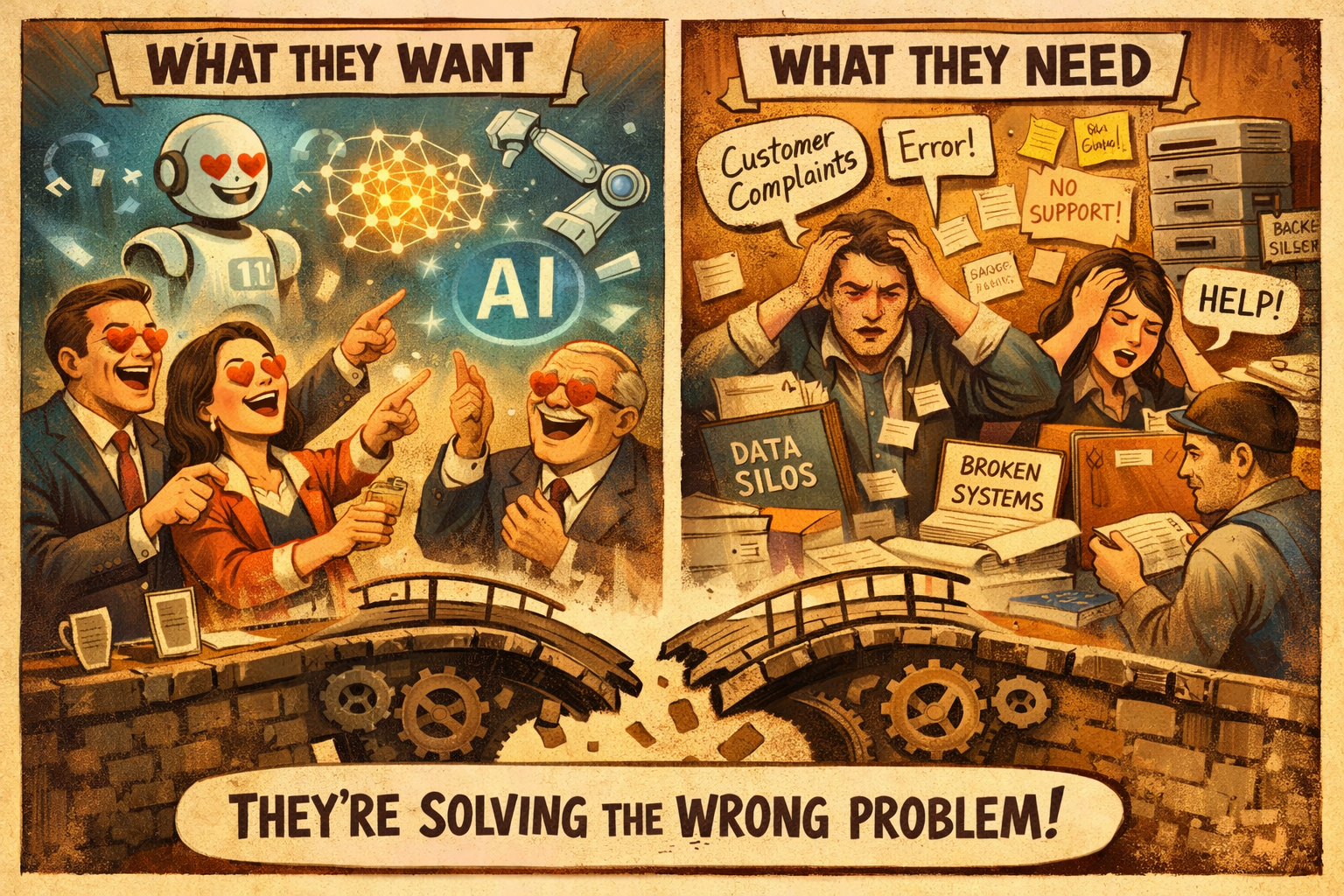 Illustration showing disconnection between AI investment and business problems