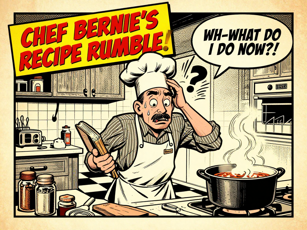 1950s comic illustration of a bewildered chef in a kitchen, surrounded by pots and jars, with a sign reading Chef Bernie's Recipe Rumble and a speech bubble asking Wh-what do I do now