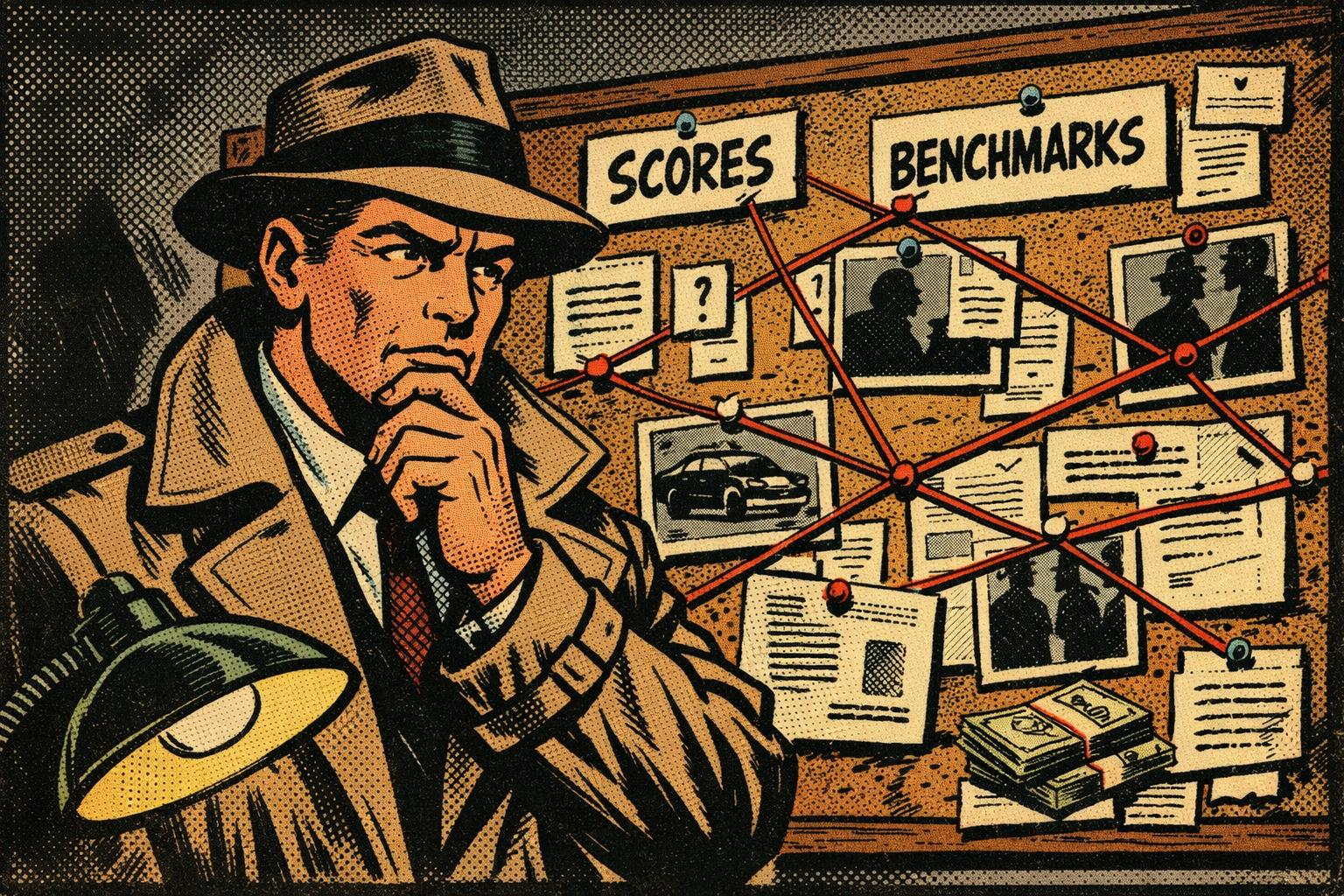 1950s noir comic illustration of a detective studying a cork evidence board with red strings connecting pinned papers labeled Scores and Benchmarks