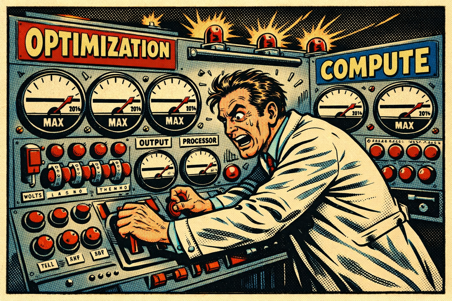 1950s comic style illustration of a frantic scientist cranking all dials to maximum on a control panel labeled Optimization and Compute, but all gauges remain flatlined