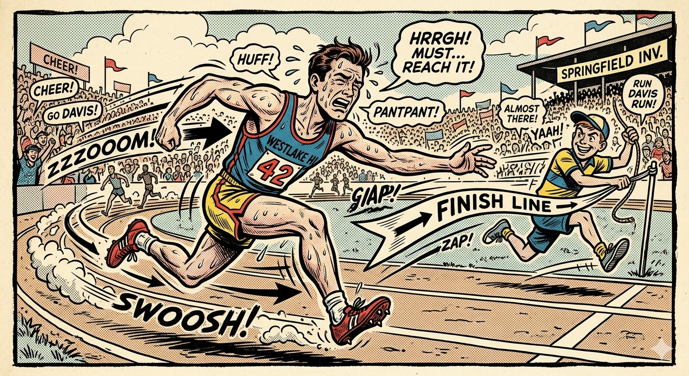 1950s comic illustration of an exhausted runner sprinting toward a finish line that keeps moving just out of reach