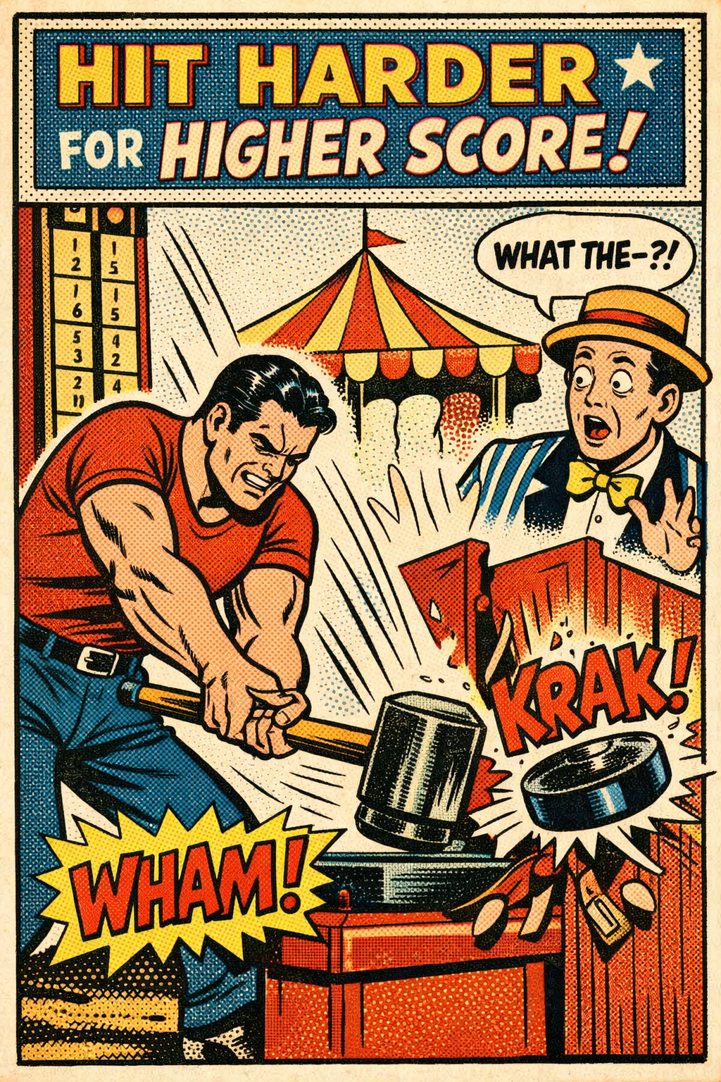 1950s comic illustration of a strongman smashing a carnival high striker game, the puck flying sideways instead of up, with a sign reading Hit Harder For Higher Score