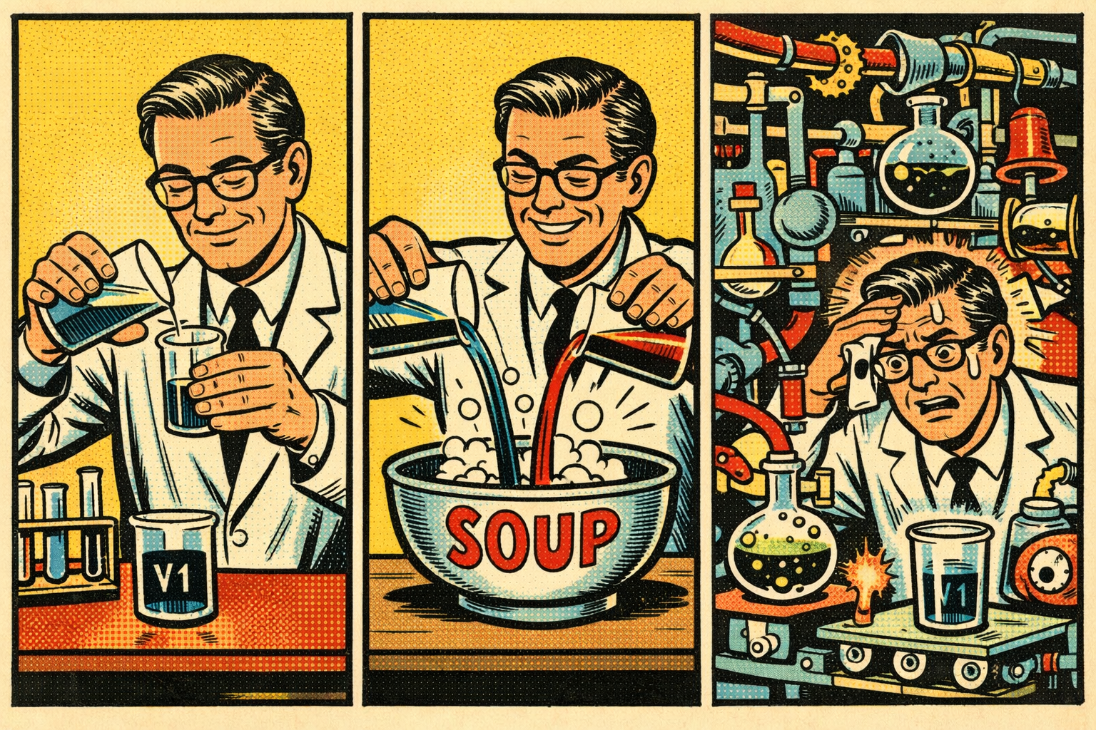 1950s comic strip in three panels: a scientist calmly pouring V1 beakers, then confidently mixing a soup, then surrounded by an absurd Rube Goldberg machine producing the same result