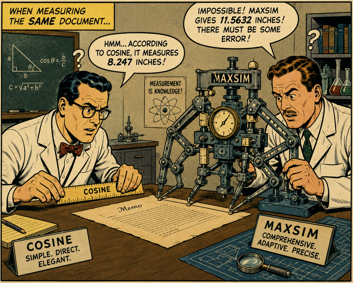 1950s comic-style illustration of two scientists measuring the same document with two completely different measuring devices, one a simple ruler labeled COSINE and the other an elaborate multi-armed caliper labeled MAXSIM, each getting a different number and looking confused at each other