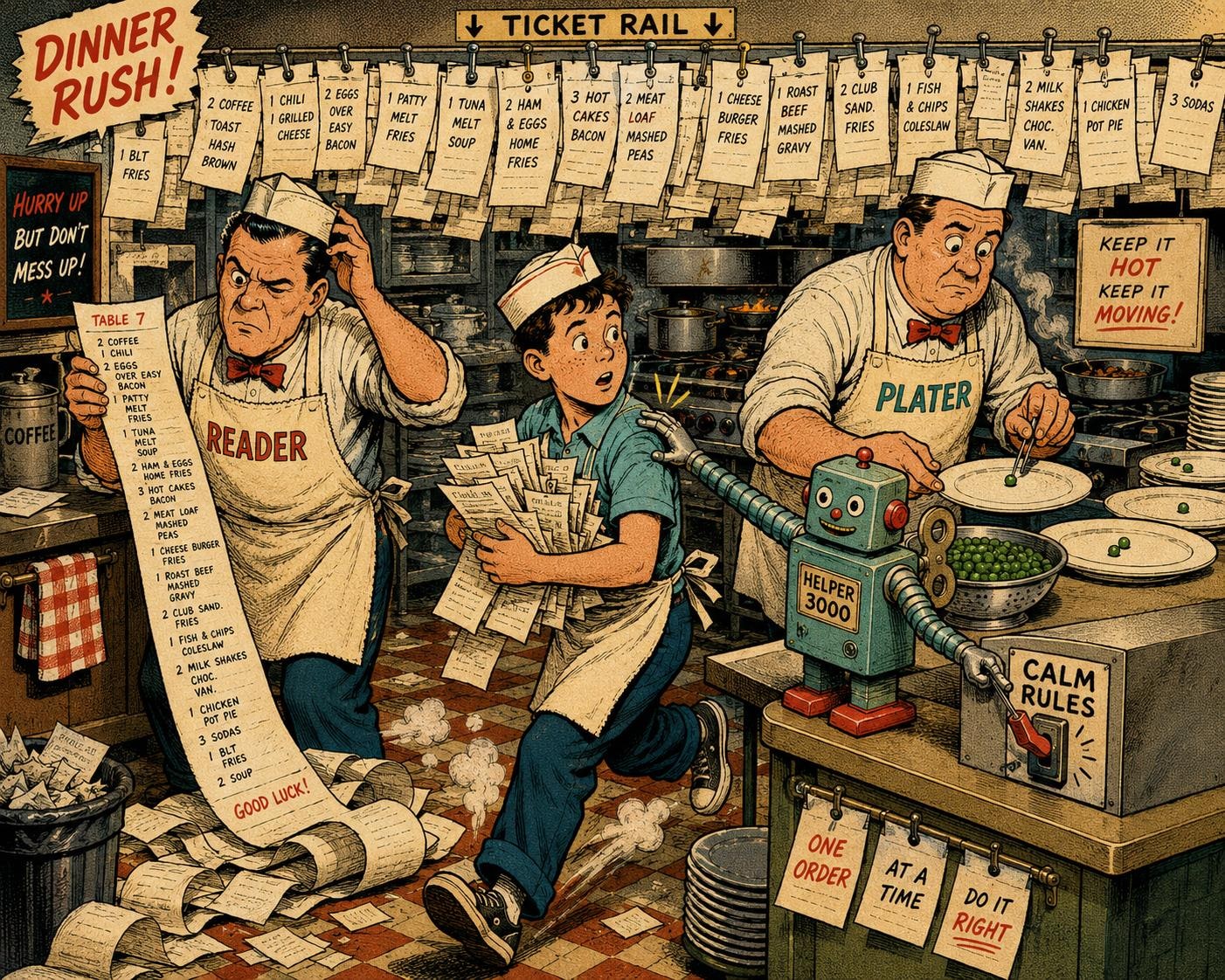 1950s comic-style illustration of a cramped diner kitchen during a dinner rush, under a DINNER RUSH banner and a ceiling ticket rail jammed full of orders. The left cook, apron labeled READER, holds one enormous order ticket unspooling to the floor; the right cook, apron labeled PLATER, plates peas one at a time. A young apprentice boy in a paper hat dashes between them with an armful of tickets, and a small wind-up tin robot labeled HELPER 3000 stands on the counter reaching for a wall switch labeled CALM RULES. Handwritten signs read HURRY UP BUT DON'T MESS UP and ONE ORDER AT A TIME, DO IT RIGHT