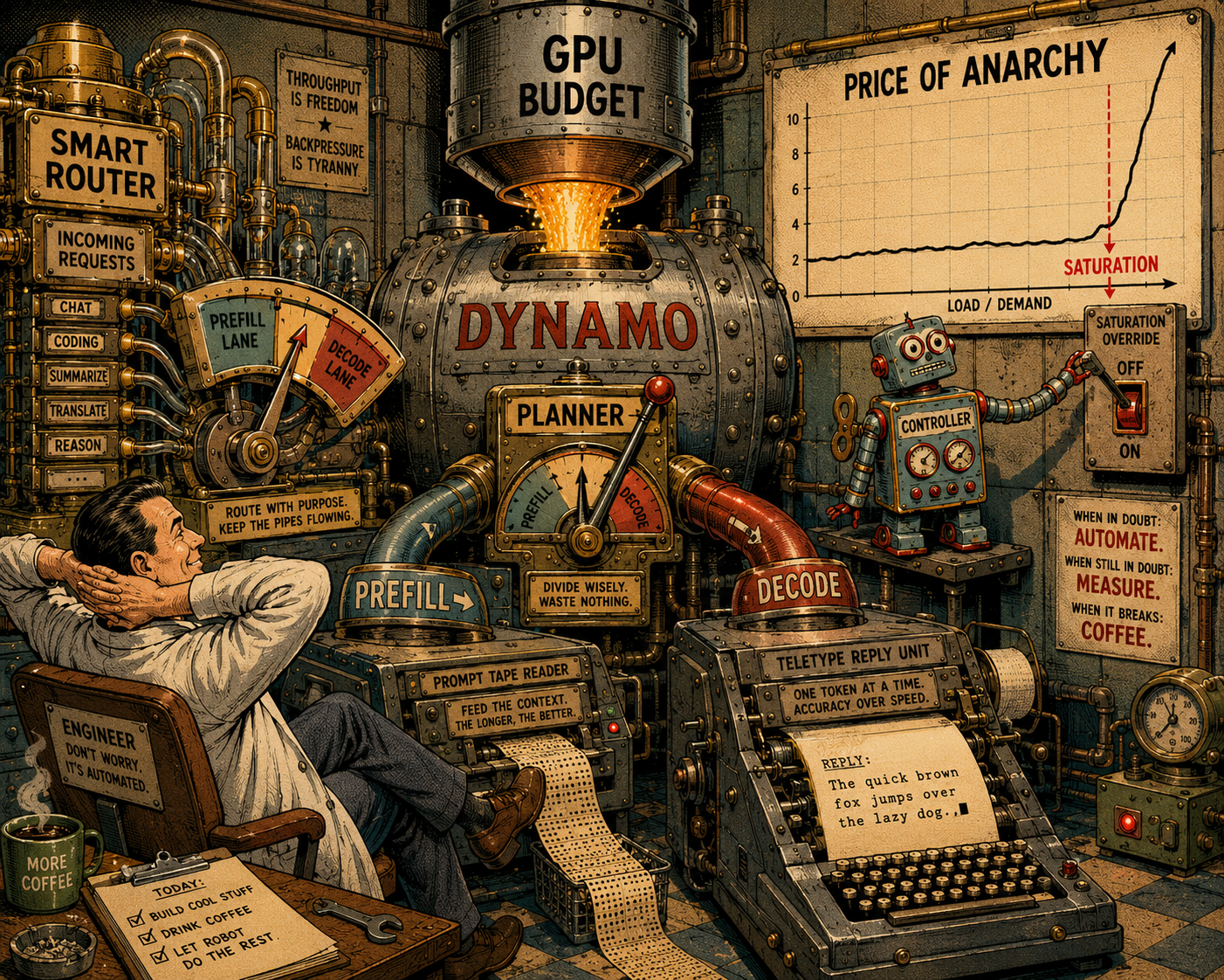1950s comic-style illustration of a relaxed engineer in a lab coat leaning back with his hands behind his head under a sign reading ENGINEER DON'T WORRY IT'S AUTOMATED, a tank stamped GPU BUDGET pouring into a boiler stamped DYNAMO that feeds two pipes labeled PREFILL and DECODE through a PLANNER gauge, a SMART ROUTER panel sorting incoming requests, a wall chart labeled PRICE OF ANARCHY showing a flat line that spikes sharply upward at a mark labeled SATURATION, and a small wind-up tin robot labeled CONTROLLER reaching for a wall switch labeled SATURATION OVERRIDE