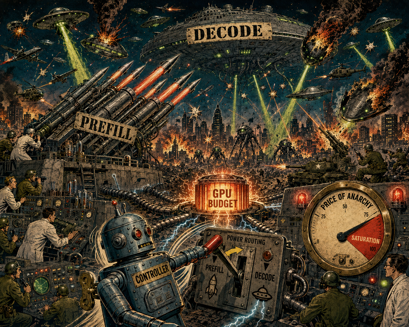 1950s comic-style illustration of an alien invasion over a burning city: a vast armada of flying saucers and a ridged mothership stamped DECODE, crewed by big-headed black-eyed grey aliens, battling human fighter planes and anti-aircraft flak fire overhead, while a riveted atomic rocket battery stamped PREFILL launches a salvo of finned rockets skyward; both sides draw power through cables from a single shared glowing reactor core stamped GPU BUDGET at the center, a large round gauge labeled PRICE OF ANARCHY has its needle swung into a red SATURATION zone, and a wind-up tin robot labeled CONTROLLER yanks a red-handled switch on the power-routing panel between the two feeds