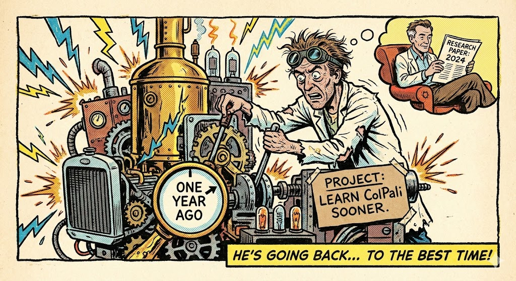 Retro-themed illustration representing the journey of discovering ColPali and late interaction