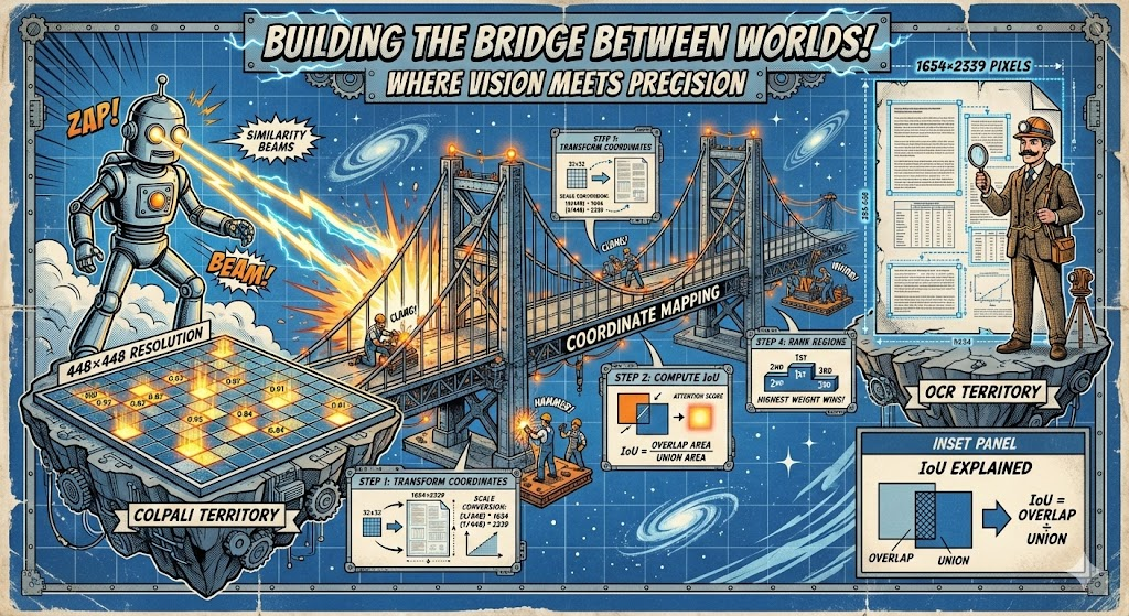 Diagram illustrating the coordinate mapping between ColPali's 448×448 patch grid and OCR bounding boxes