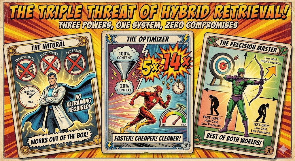 Visual summary of the hybrid approach's three main benefits: training-free operation, efficiency gains, and precision-efficiency trade-off