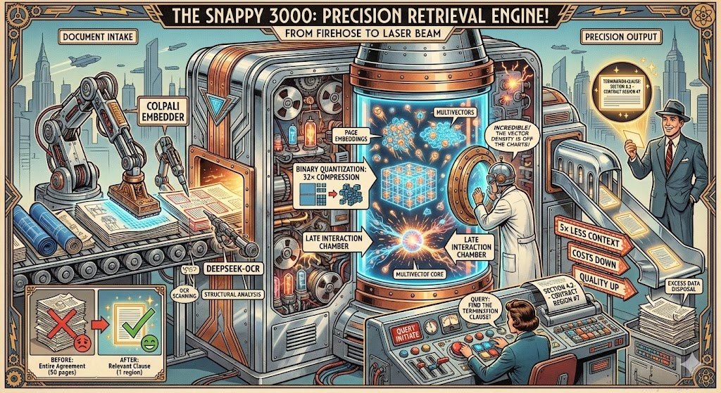 Diagram showing Snappy's two-stage retrieval process integrating ColPali embeddings and OCR bounding boxes