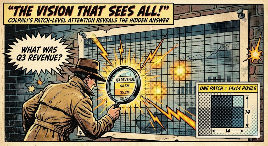 Visualization of ColPali patch-level attention heatmap showing spatial relevance scores across a 32×32 grid